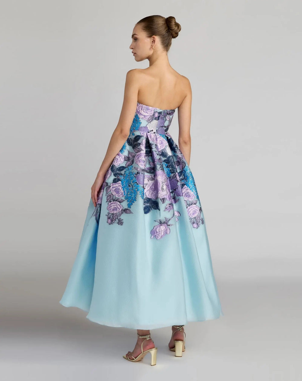 Blue Floral Embroidered Strapless Organza Midi Dress - FOSTANI.com