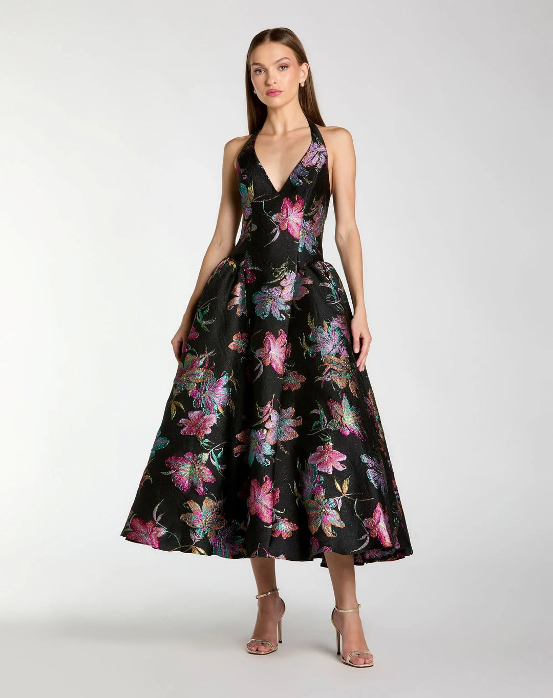Mac Duggal 13297 Brocade Halter Neck Open Back Midi Dress