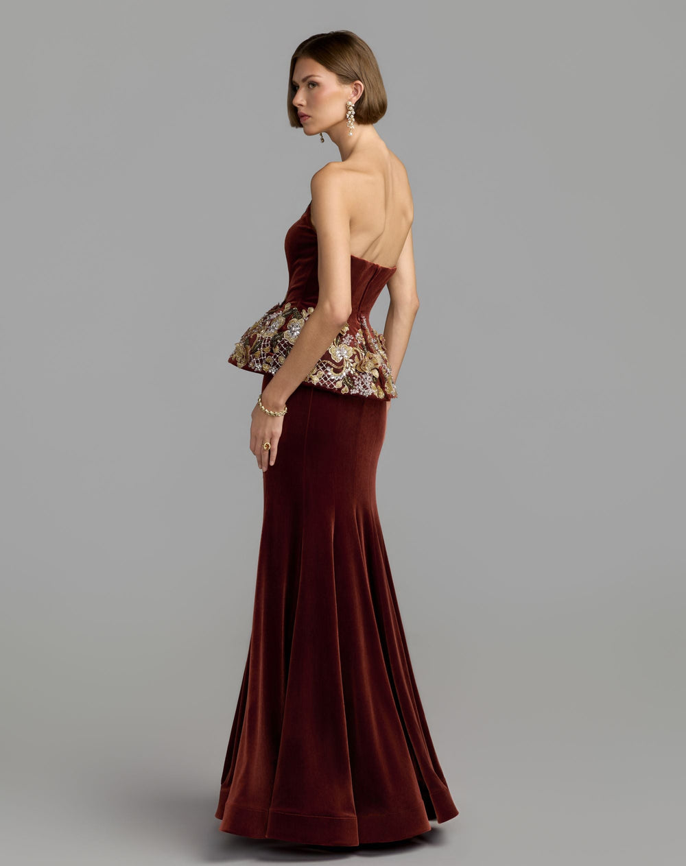 Mac Duggal 13315 Strapless Embellished Velvet Peplum Gown