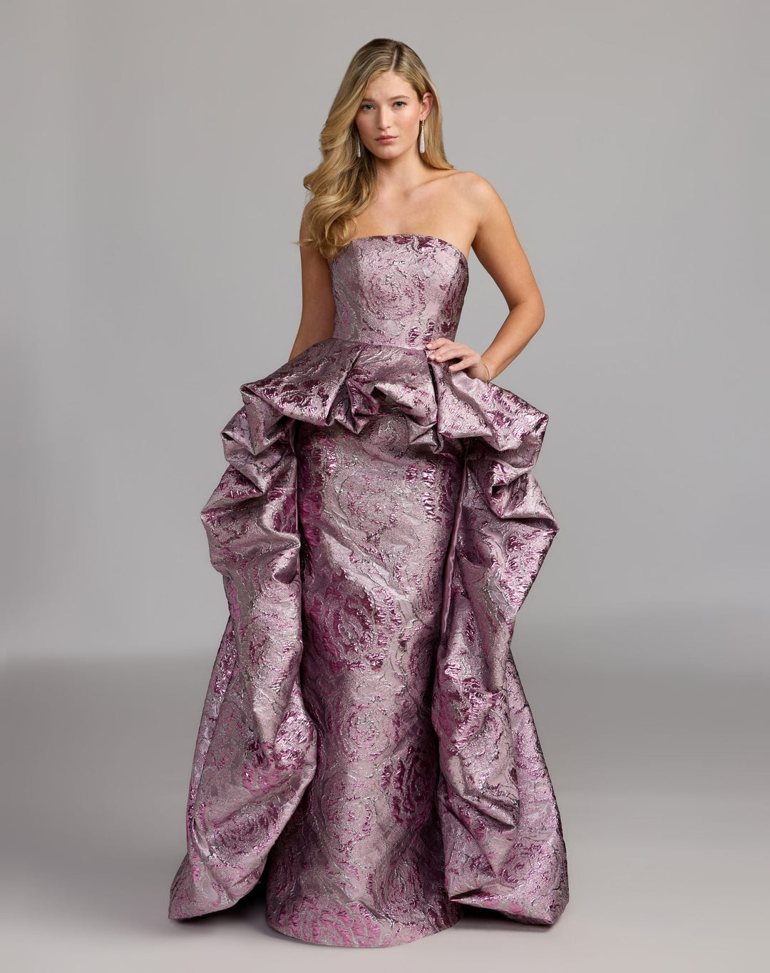 Mac Duggal 13359 Metallic Strapless Gown With Bubble Overskirt