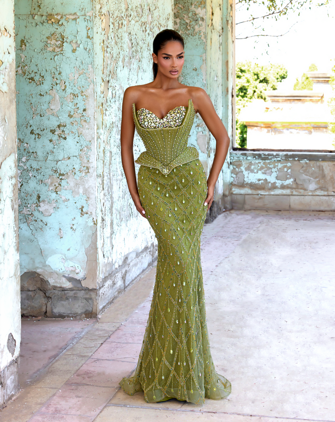 Delilah LD23012 Strapless Crystal Cup Corset Sheath Gown with Peplum and Teardrop Crystals - Green front view
