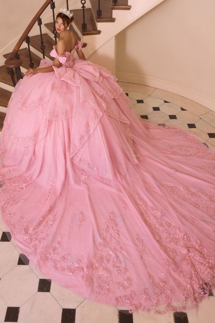 Ladivine 15747 ball gown back view with bow and long train