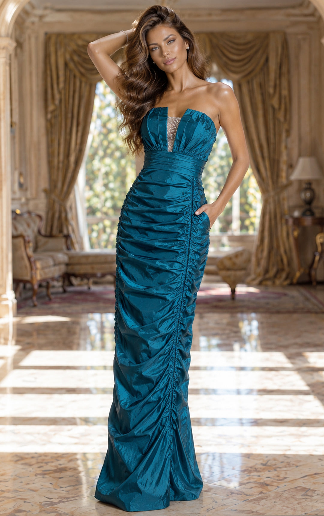Jovani 159934 Strapless Ruched Taffeta Gown with Crystal Detail