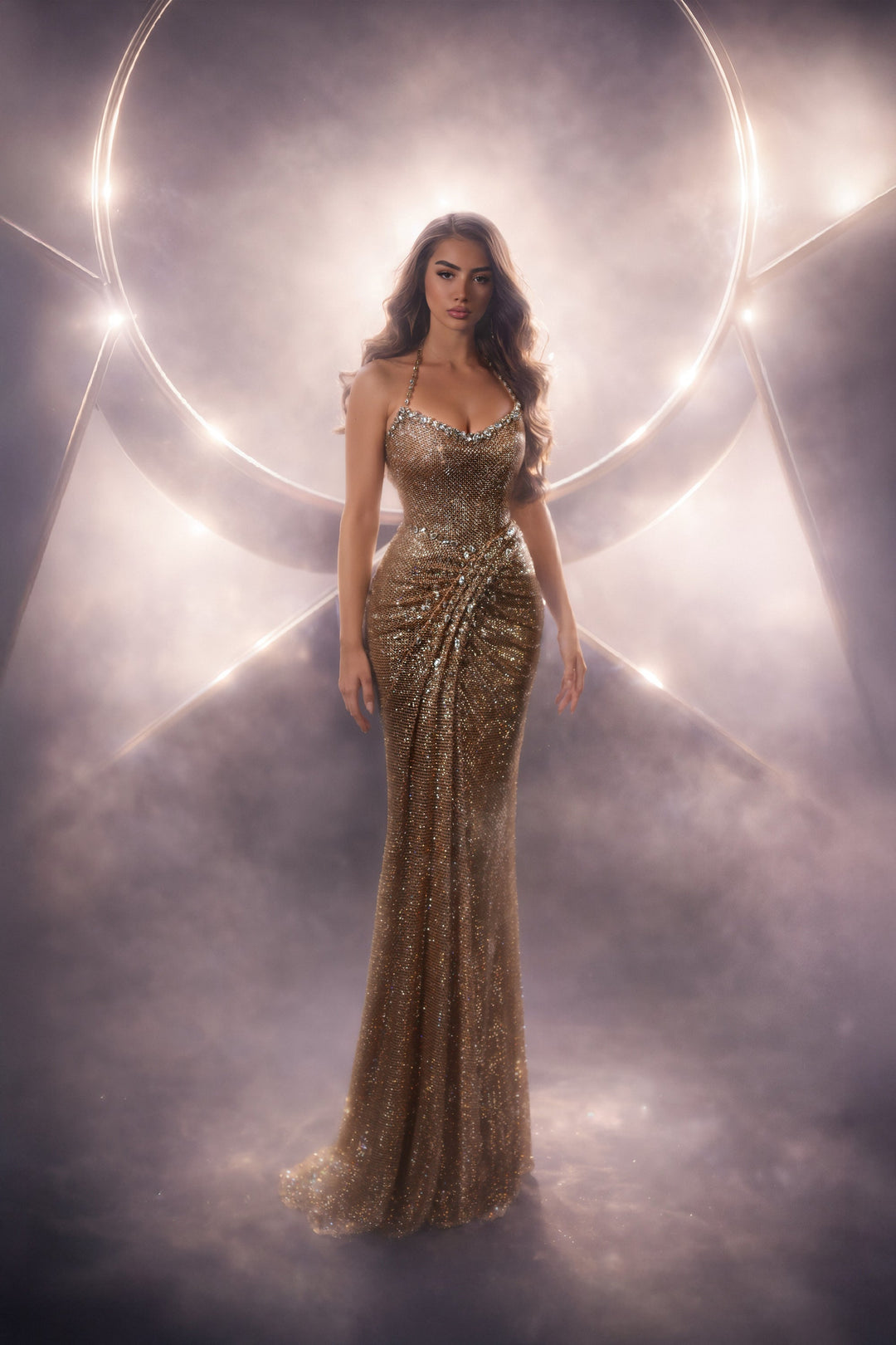 Delilah LD22047 Sequin Halter Sweetheart Draped Mermaid Evening Gown - Champagne front view