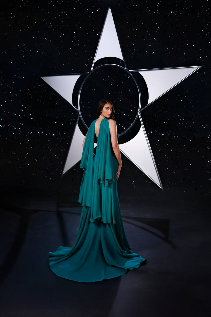 Delilah LD41031 Strapless Sweetheart Column Gown with Crystal Swoosh, Choker Drape and Slit - Turq back view