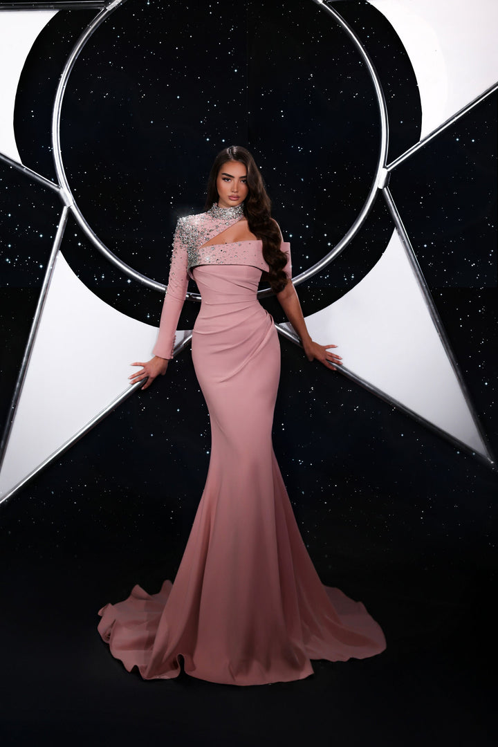 Delilah LD41039 Asymmetric One-Sleeve Sheath Gown with Crystal Collar and Ruched Waist - Pink front view
