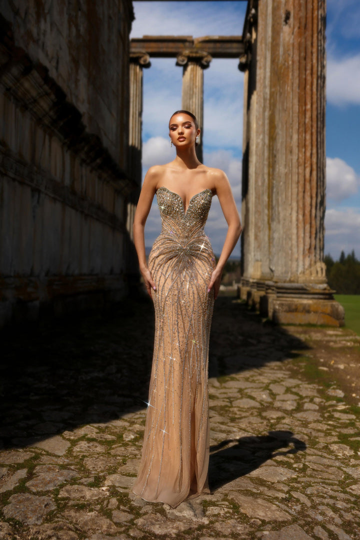 Delilah LD11486 Strapless Sweetheart Beaded Corset Sheath Gown with Oversized Back Bow Train - Champagne front view