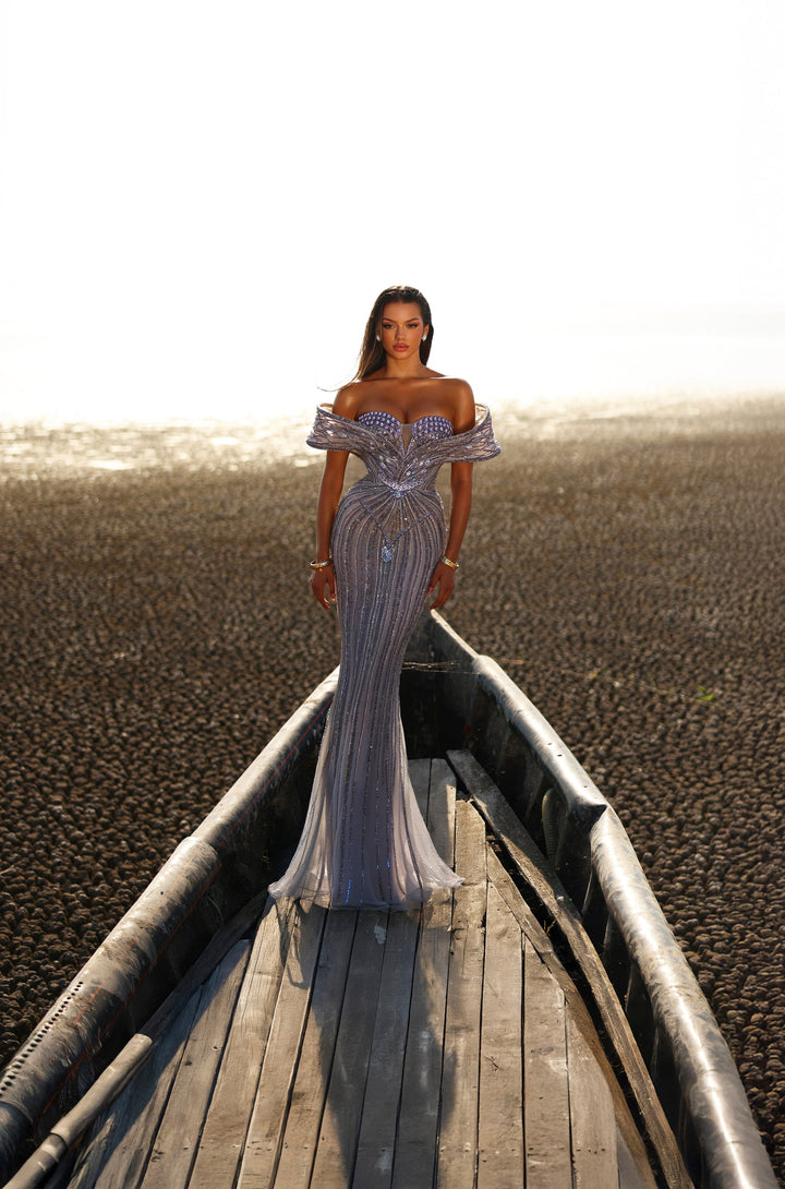 Delilah LD11591 Off-the-Shoulder Folded Band Sweetheart Beaded Corset Mermaid Gown - Purple front view