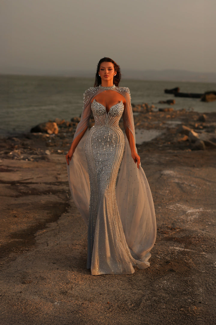 Delilah LD11478 Strapless Beaded Corset Mermaid Gown with Choker Capelet and Floor-Length Cape Sleeves - Blue front view