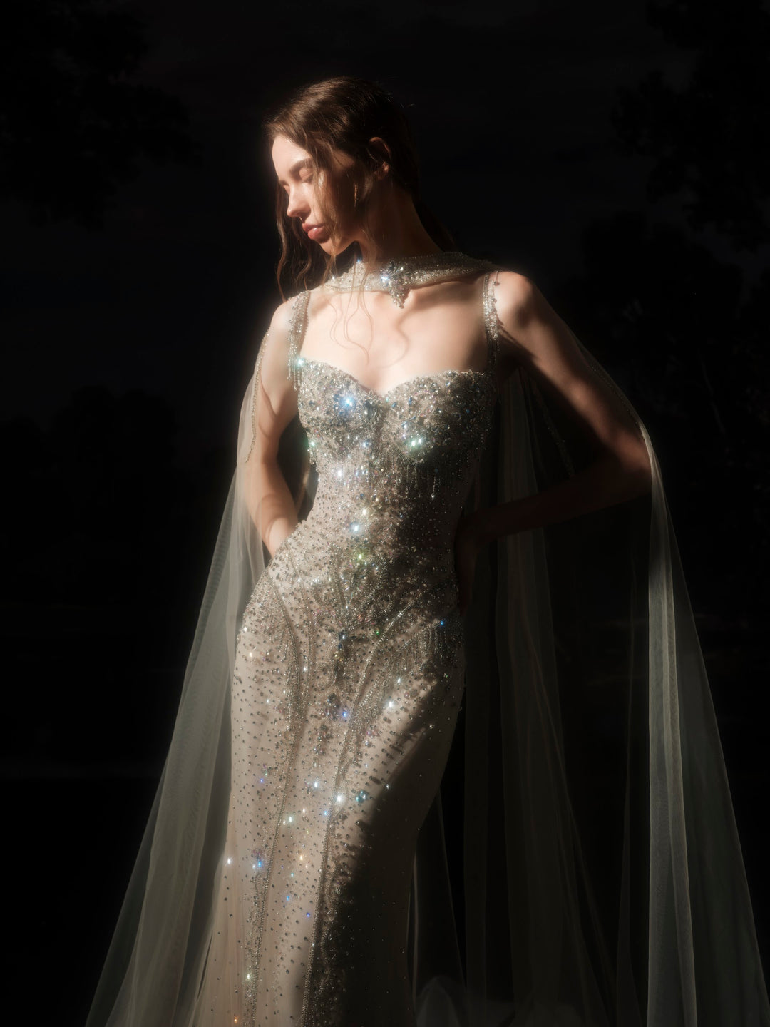 Delilah SH12066 Off-the-Shoulder Crystal Corset Mermaid Gown with Choker Tulle Cape - Champagne close-up view