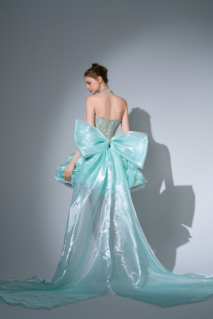 Delilah SH12068 Mini Strapless Crystal Corset Rosette Mini Dress with Bow Train - Mint back view