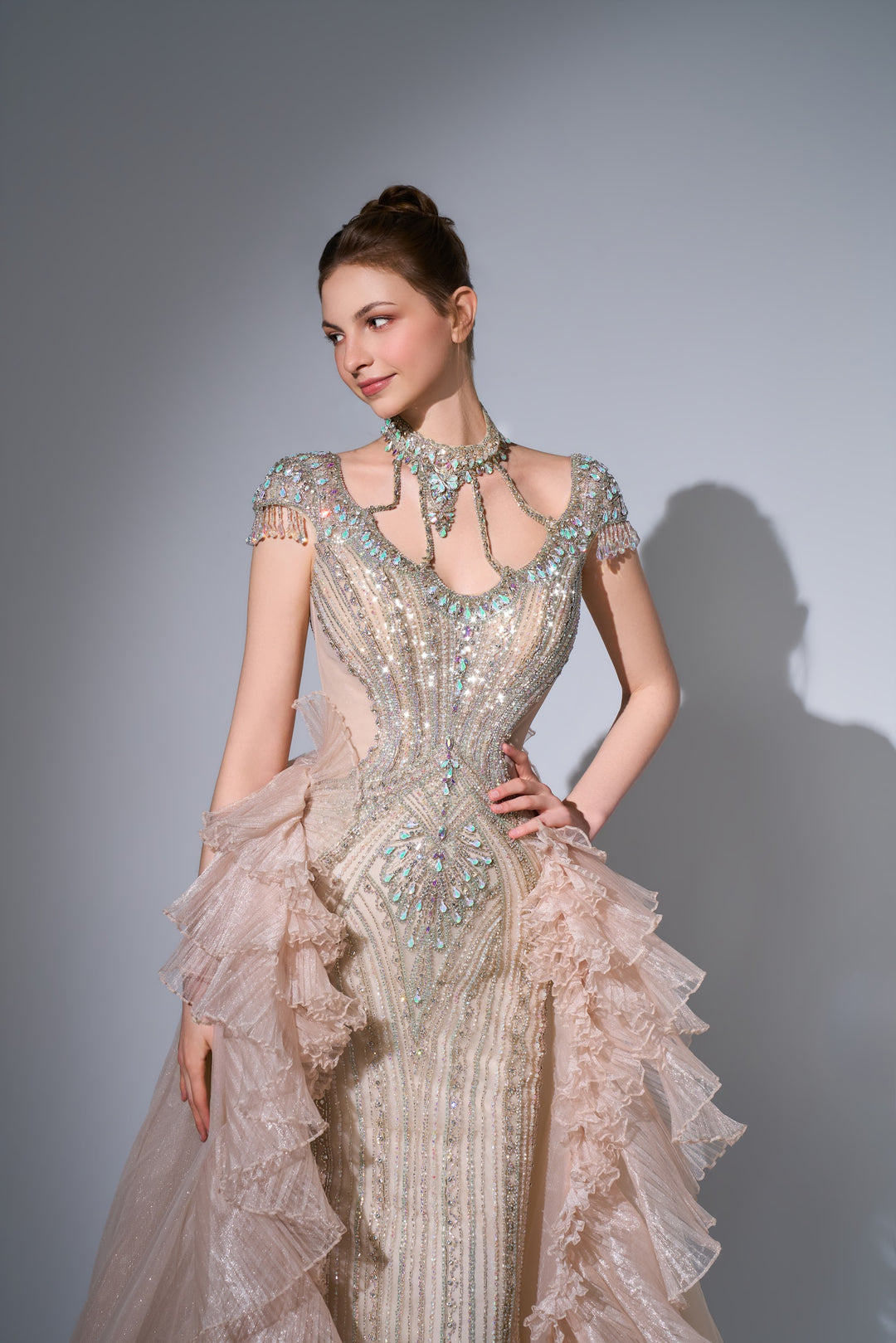 Delilah SH12057 High Neck Cap Sleeve Crystal Mermaid Gown with Ruffled Overskirt - Champagne close-up view