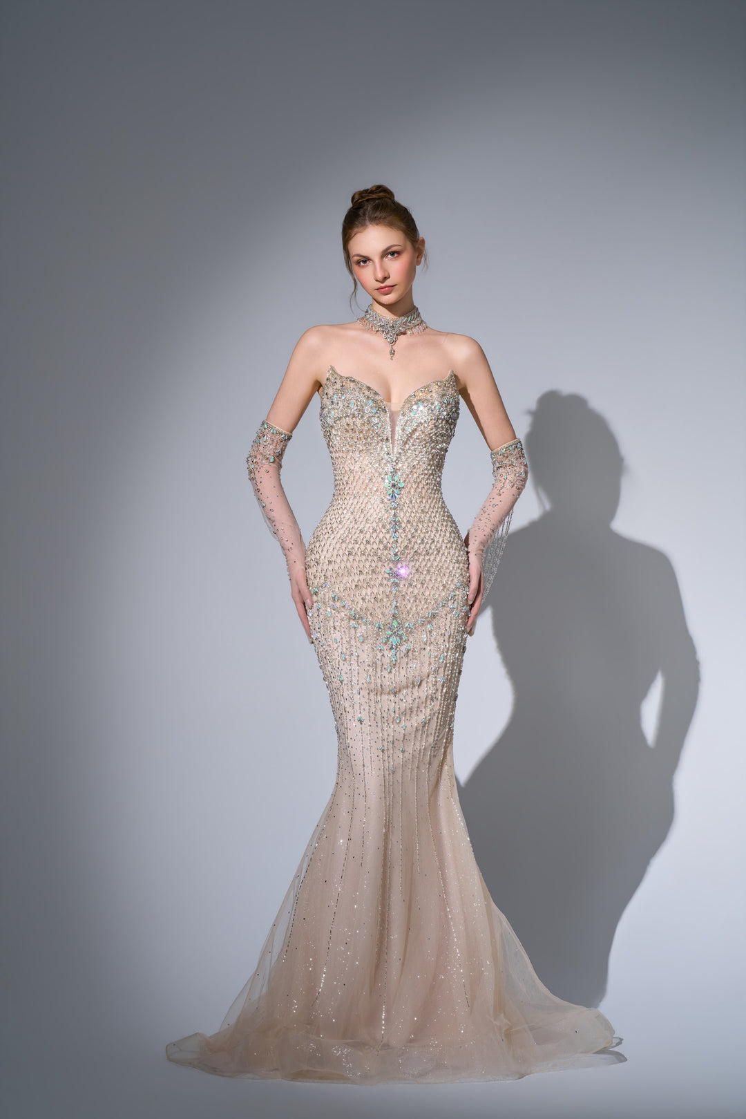 Delilah SH12075 Strapless Plunging Crystal Lattice Corset Mermaid Gown with Choker - Champagne front view