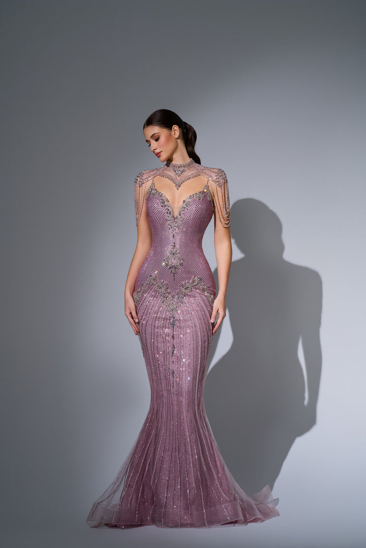 Delilah LD11681 High Neck Heart Keyhole Crystal Fringe Mermaid Gown - Pink front view