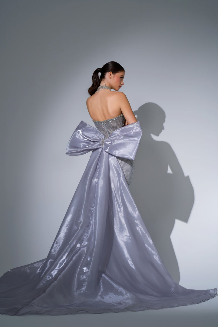 Delilah LD12064 Strapless Crystal Cup Mermaid Gown with Oversized Back Bow Train - Grey back view