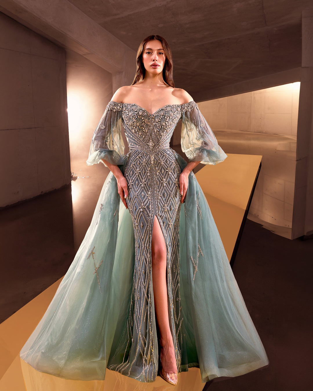 Delilah LD11622 Off-the-Shoulder Puff Sleeve Lattice Beaded Mermaid Gown with Tulle Overskirt - Sage front view