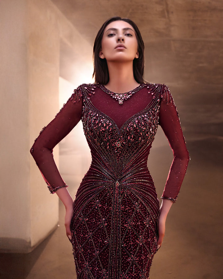Delilah LD11592 Illusion High Neck Long Sleeve Sunburst Beaded Mermaid Gown - Red close-up view