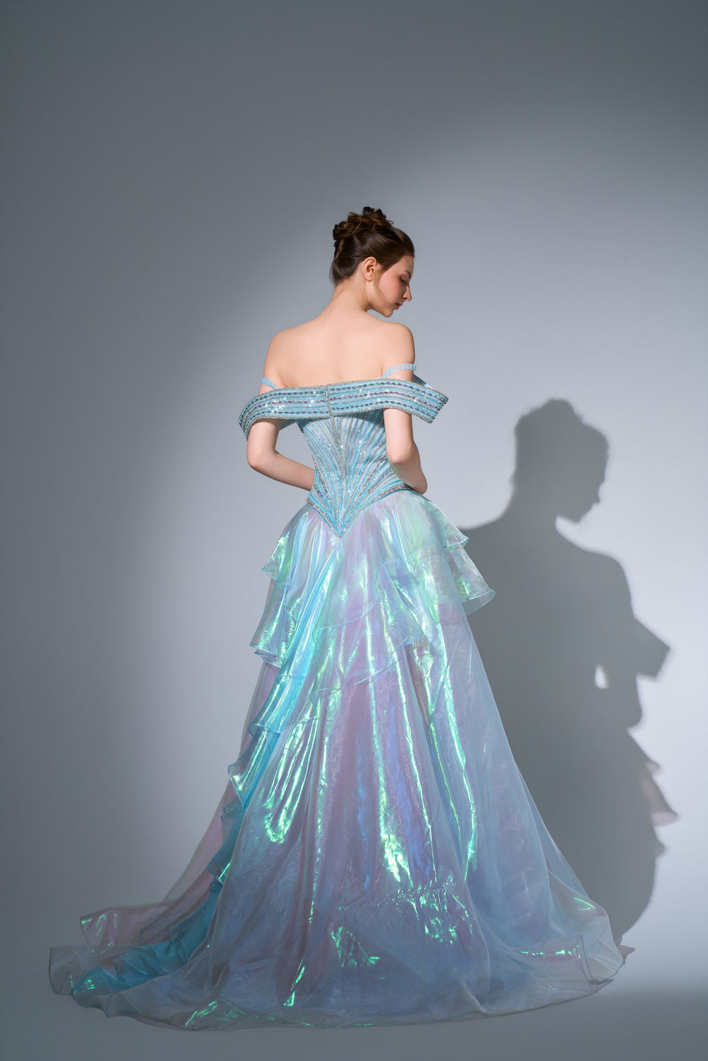 Delilah SH11630 Off-the-Shoulder Crystal Corset Gown with Iridescent Ruffle Skirt - Green back view