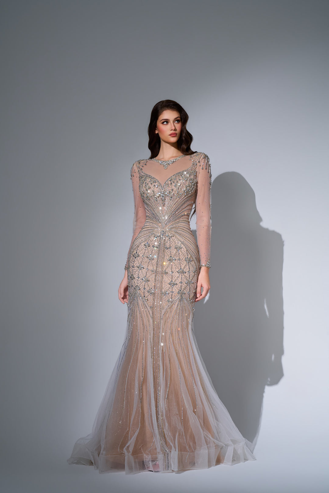 Delilah LD11592 Illusion High Neck Long Sleeve Sunburst Beaded Mermaid Gown - White front view