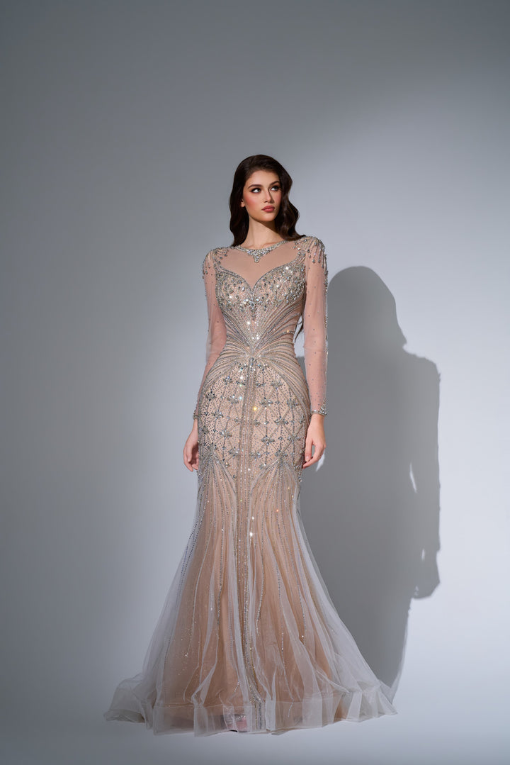 Delilah LD11592 Illusion High Neck Long Sleeve Sunburst Beaded Mermaid Gown - White front view