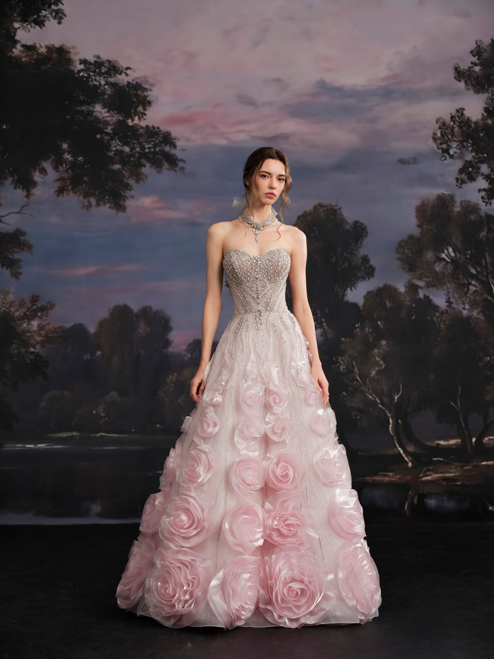 Delilah SH12068 Maxi Strapless Crystal Corset Ball Gown with 3D Rosette Skirt - Pink front view