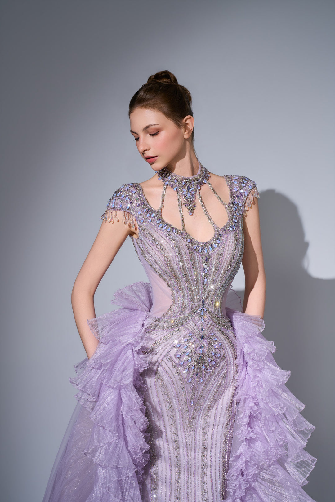 Delilah SH12057 High Neck Cap Sleeve Crystal Mermaid Gown with Ruffled Overskirt - Lilac close-up view