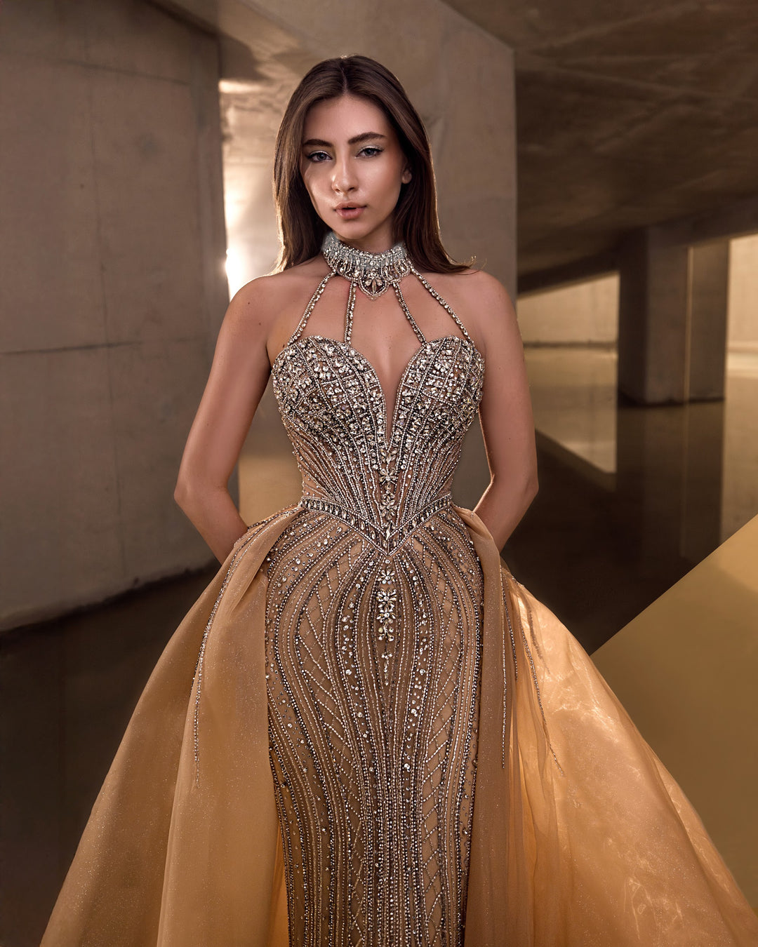 Delilah LD12027 Crystal Choker Halter Plunging Mermaid Gown with Tulle Overskirt - Champagne close-up view