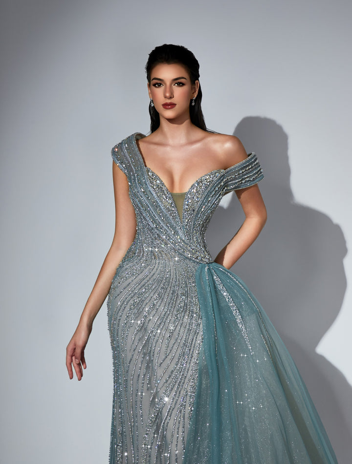 Delilah LD11463 Off-Shoulder Wrap Beaded Mermaid Gown with Asymmetric Tulle Overskirt - Green close-up view