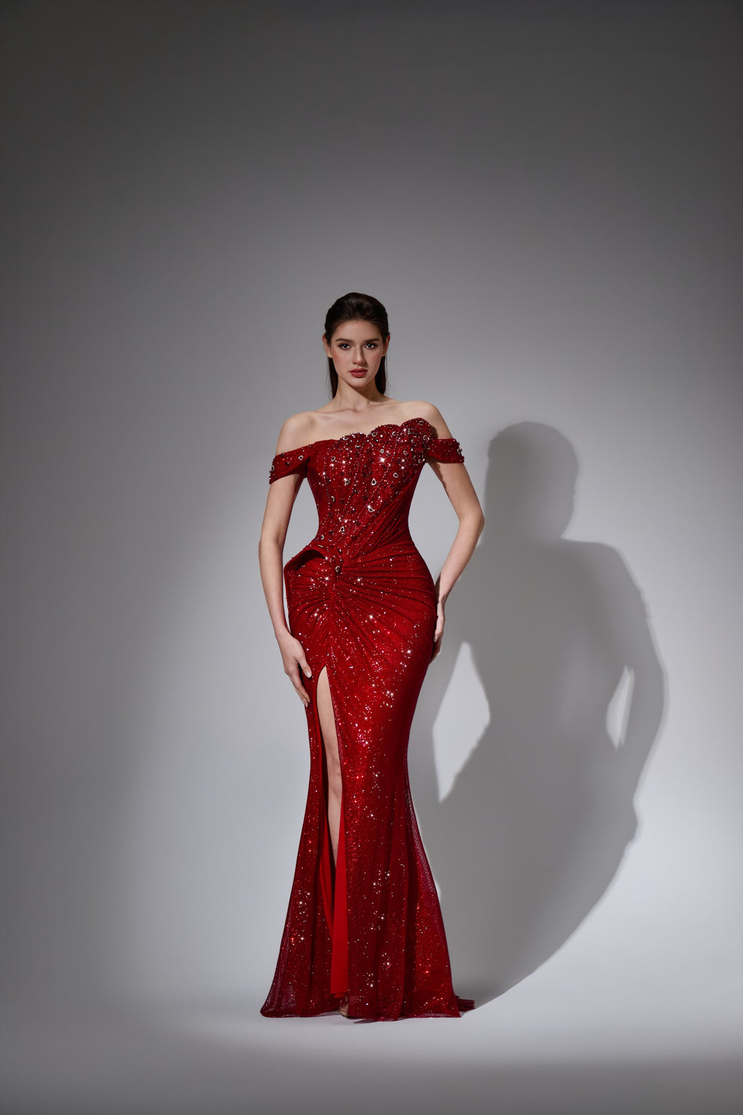 Delilah LD21181 Off-the-Shoulder Sequin Ruched Mermaid Gown with High Slit - Red front view