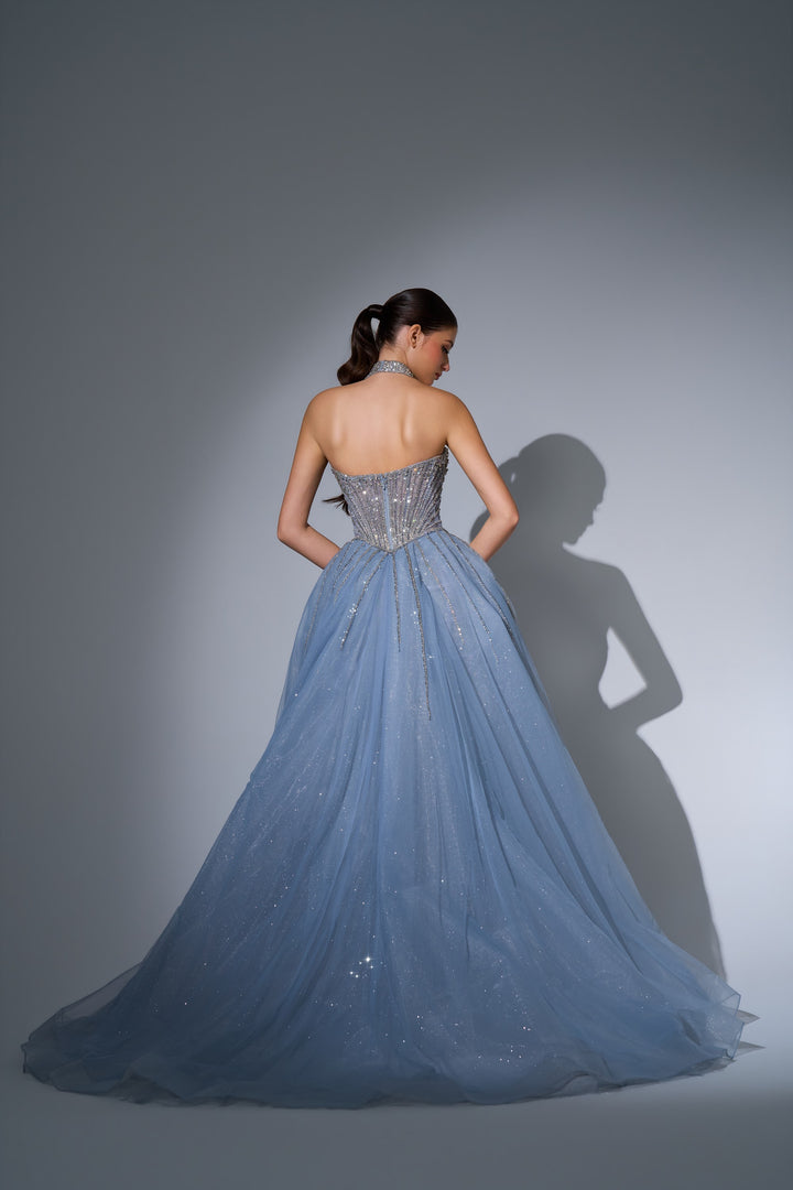 Delilah LD12027 Crystal Choker Halter Plunging Mermaid Gown with Tulle Overskirt - Grey back view