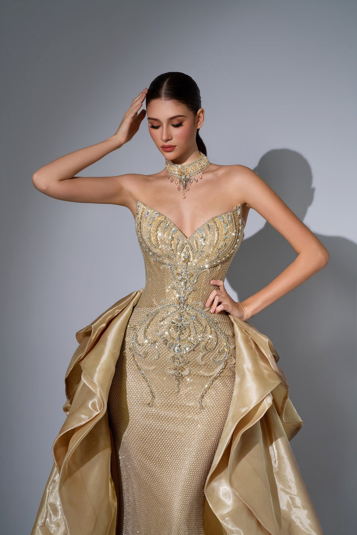 Delilah LD12102 Strapless Crystal Corset Mermaid Gown with Draped Satin Overskirt - Champagne close-up view
