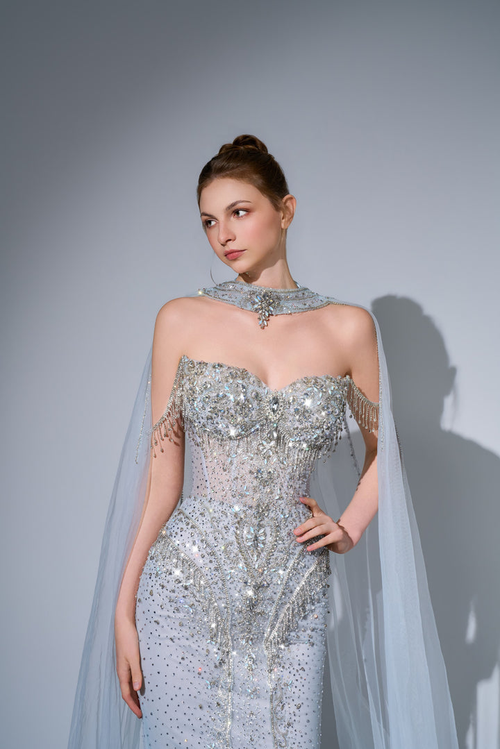 Delilah SH12066 Off-the-Shoulder Crystal Corset Mermaid Gown with Choker Tulle Cape - Blue close-up view
