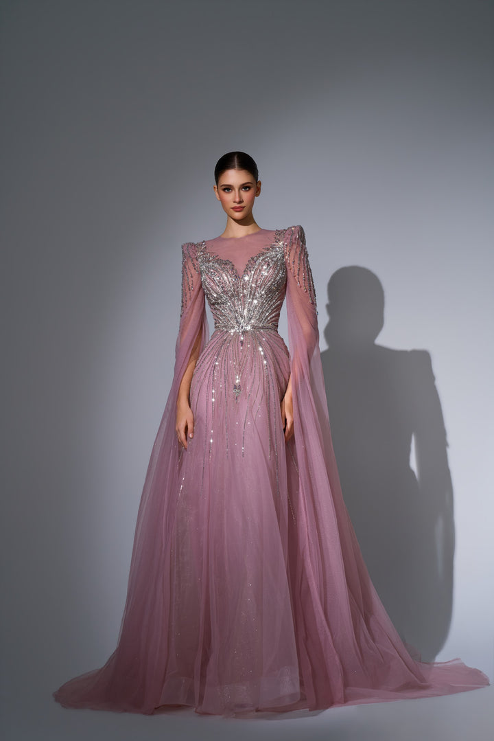 Delilah LD11670 Illusion Neck Long Sleeve Cape Beaded A-Line Gown - Pink front view