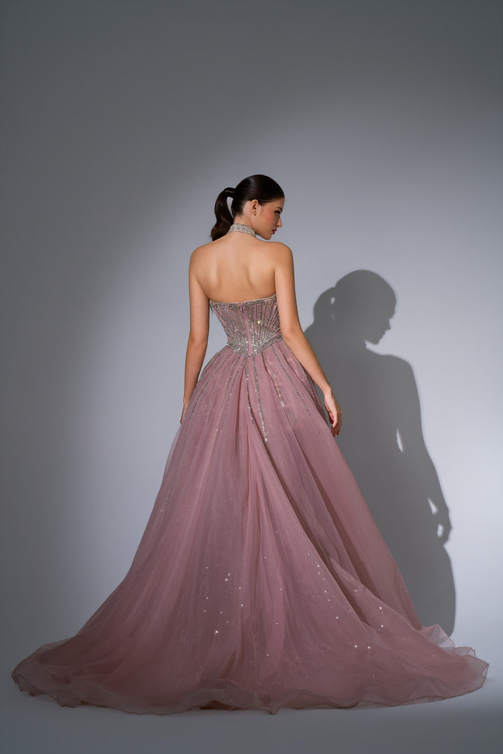 Delilah LD12027 Crystal Choker Halter Plunging Mermaid Gown with Tulle Overskirt - Pink back view