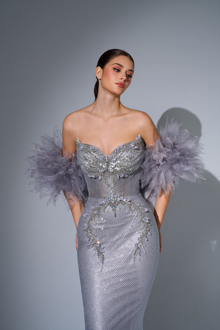 Delilah LD12101 Strapless Crystal Embroidered Mermaid Gown with Feather Arm Wrap - Grey close-up view