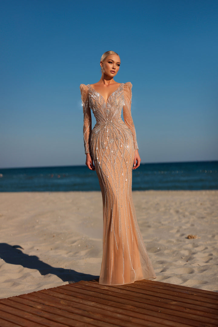 Delilah HM330 Plunging V-Neck Long Sleeve Beaded Mermaid Gown - Champagne front view