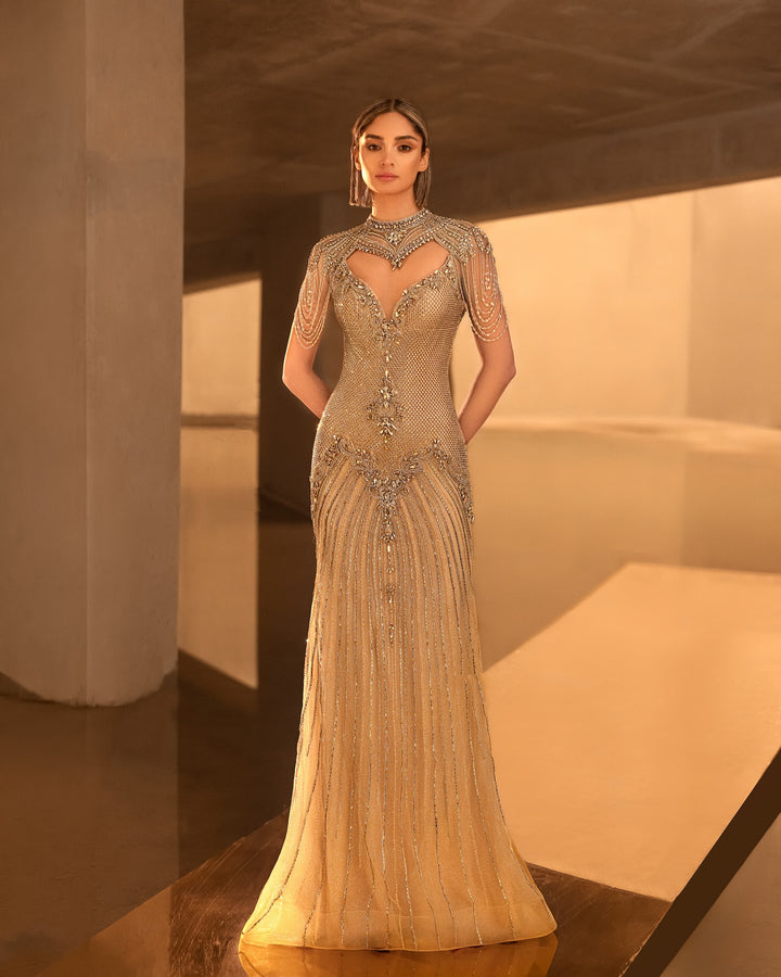 Delilah LD11681 High Neck Heart Keyhole Crystal Fringe Mermaid Gown - Gold front view