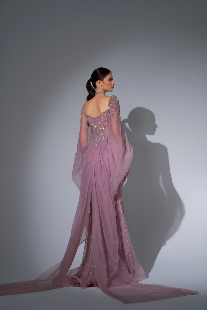 Delilah LD12076 Crystal Corset Mermaid Gown with Choker and Floor-Length Cape Sleeves - Pink back view