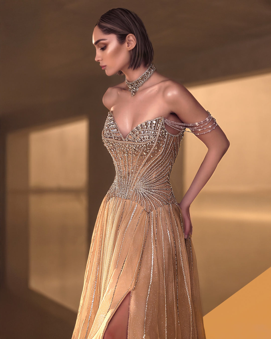 Delilah LD11671 Strapless Sunburst Crystal Corset A-Line Gown with Slit - Champagne close-up view