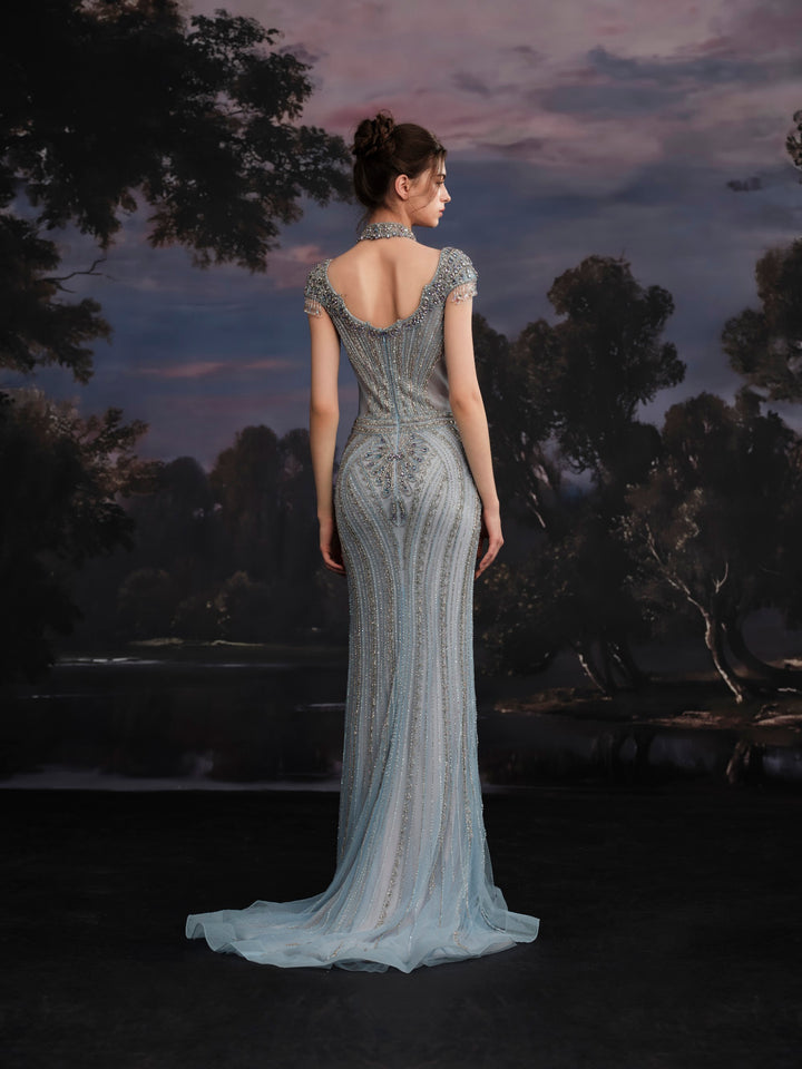 Delilah SH12057 High Neck Cap Sleeve Crystal Mermaid Gown with Ruffled Overskirt - Blue back view