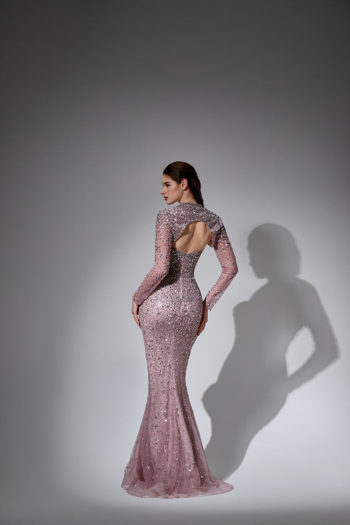 Delilah LD23022 Long Sleeve Crystal Shoulder Sequin Mermaid Gown with Keyhole Back - Pink back view