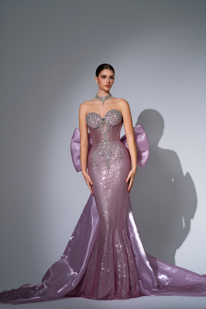 Delilah LD12064 Strapless Crystal Cup Mermaid Gown with Oversized Back Bow Train - Pink front view