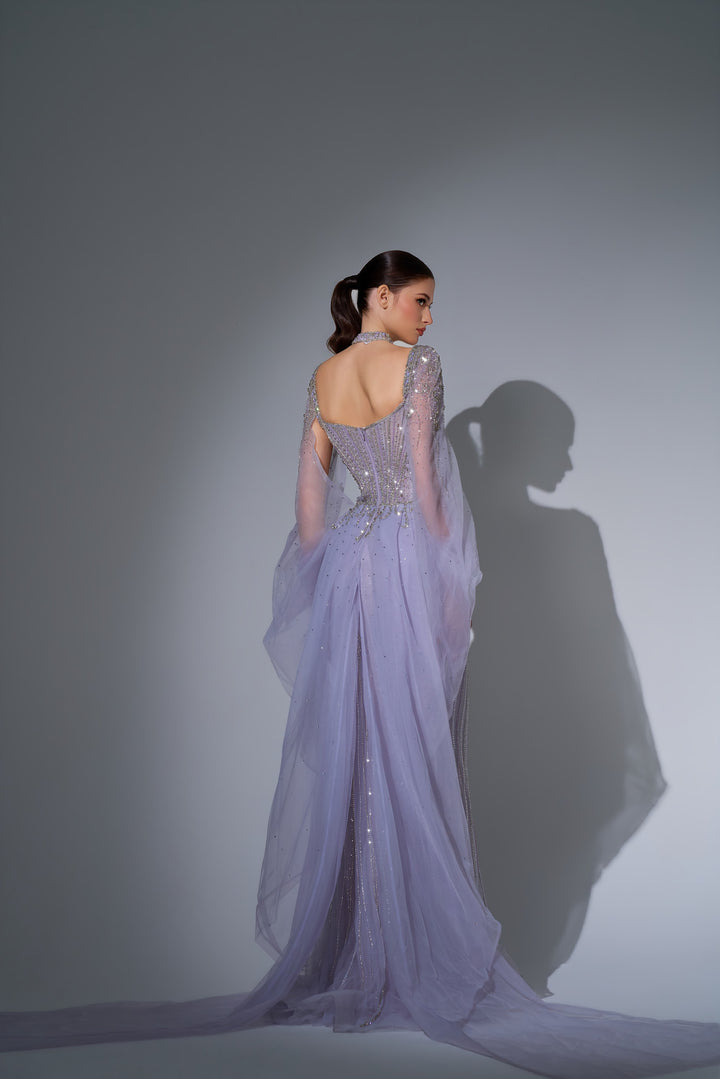 Delilah LD12076 Crystal Corset Mermaid Gown with Choker and Floor-Length Cape Sleeves - Purple back view