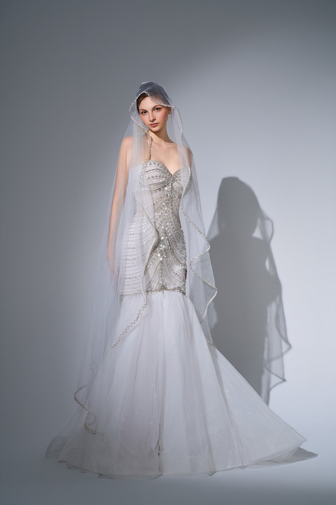 Delilah SH12065 Strapless Draped Crystal Chain Mermaid Gown with Tulle Skirt - White front view