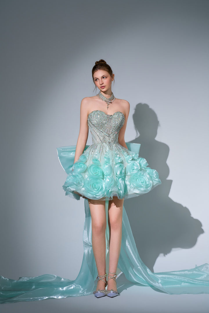 Delilah SH12068 Mini Strapless Crystal Corset Rosette Mini Dress with Bow Train - Mint front view