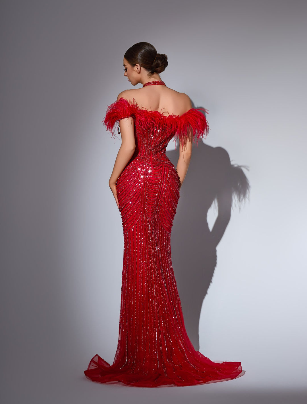 Delilah LD11439 Off-the-Shoulder Feather Trim Beaded Corset Mermaid Gown with Choker Strap - Red back view