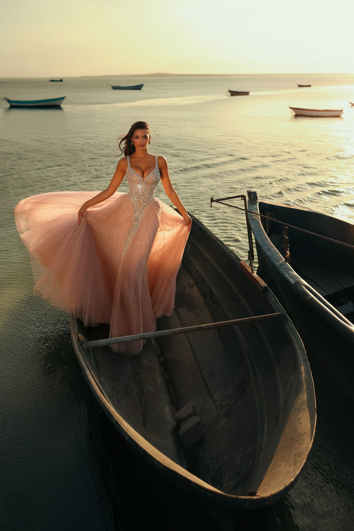 Delilah LD11533 Plunging V Crystal Corset Ball Gown with Tulle Skirt - Pink front view