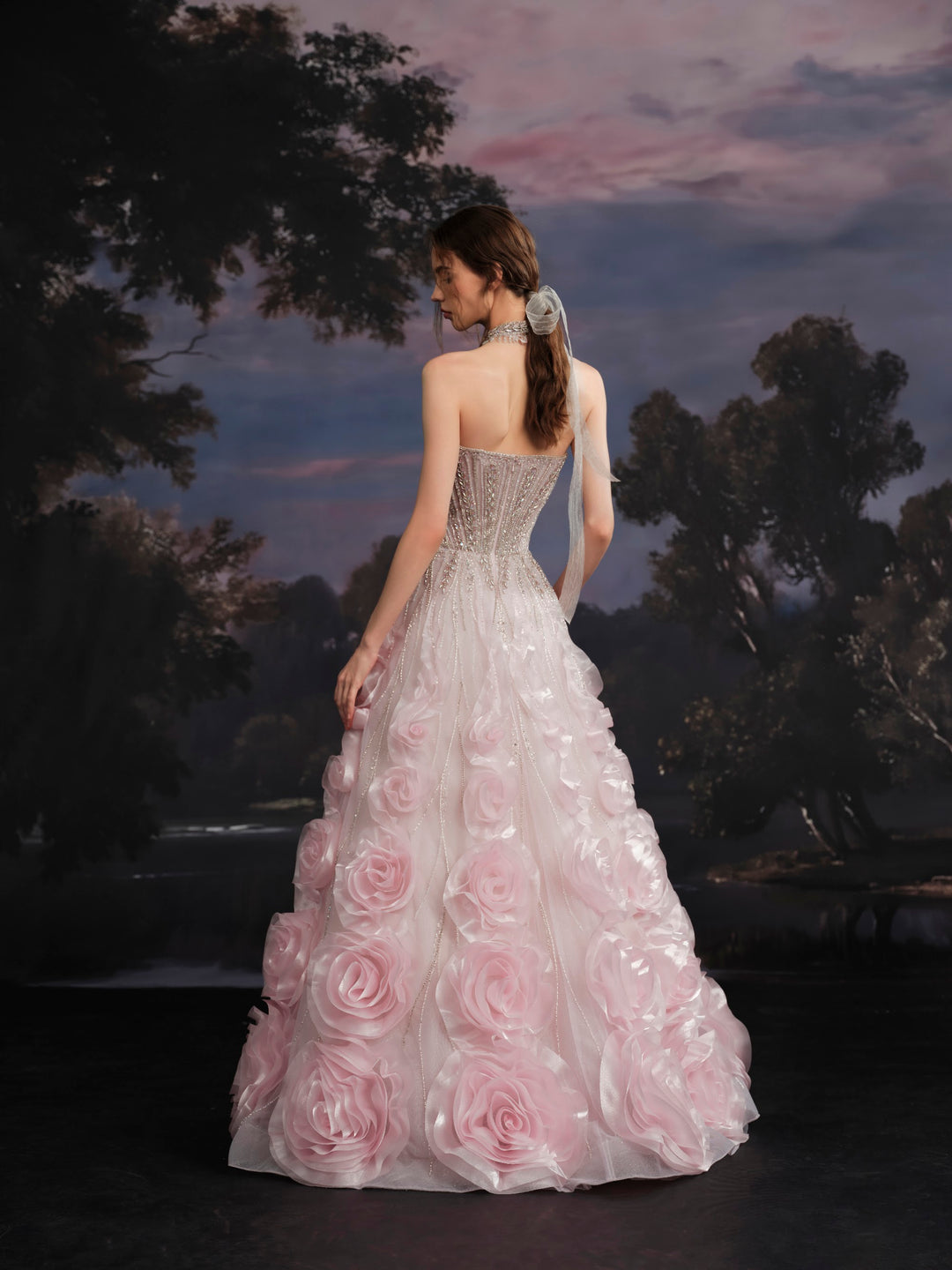 Delilah SH12068 Maxi Strapless Crystal Corset Ball Gown with 3D Rosette Skirt - Pink back view