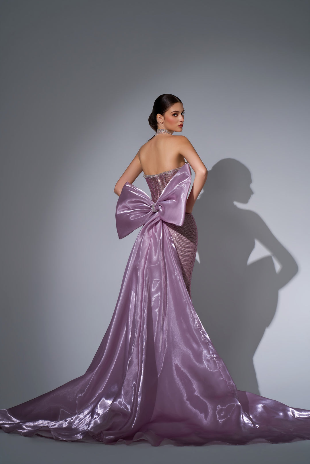 Delilah LD12064 Strapless Crystal Cup Mermaid Gown with Oversized Back Bow Train - Pink back view