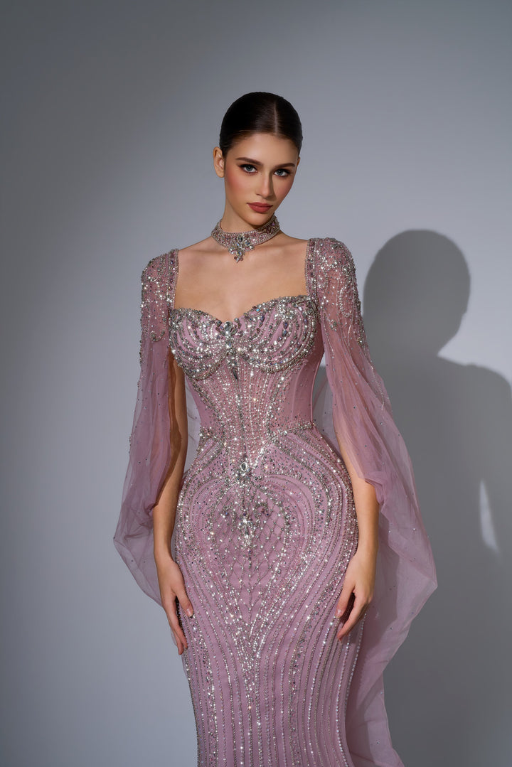 Delilah LD12076 Crystal Corset Mermaid Gown with Choker and Floor-Length Cape Sleeves - Pink close-up view